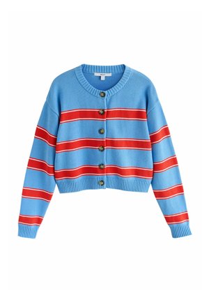 Sinine lühike kardigan punaste ja valgete horisontaalsete triipudega ning viis pruunikat nööpi esiküljel. Soonikkoes varrukasuutmed ja alumine ääreosa.