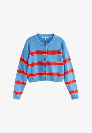 Blue cropped cardigan with red and white horizontal stripes and five brown buttons down the front. Ribbed cuffs and hem.