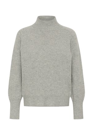 Gaiši pelēks augstu apkaklītes džemperis no mīksta adīta materiāla, ar ribotu struktūru, brīvu piegriezumu un garām piedurknēm. Bez rakstiem vai akcentiem.