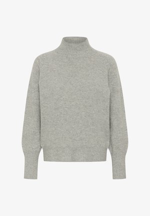 Pulover cu guler înalt, gri deschis, realizat dintr-un material tricotat moale, cu textură reiată, croială lejeră și mâneci lungi. Fără modele sau accente.