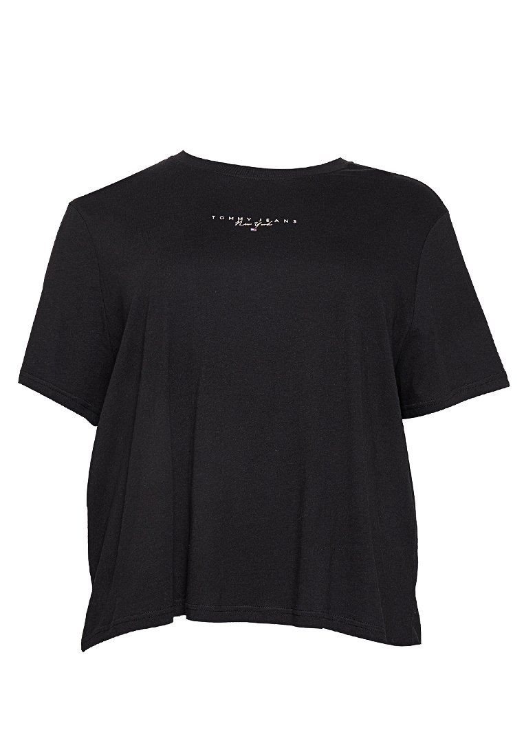 Camiseta negra de manga corta hecha de algodón con un corte relajado. Presenta un texto de logo blanco en el frente. Diseño simple sin patrones.