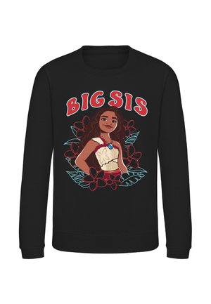 Chemise noire à manches longues avec dessin animé d'une fille confiante portant un haut à motif floral et un collier, entourée de fleurs rouges et de feuilles vertes, avec le texte "BIG SIS".