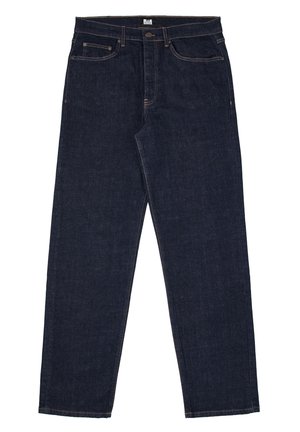 Dunkelblaue Jeans mit geradem Bein, vorne mit Knopf- und Reißverschluss, fünf Taschen und sichtbaren orangen Nähten.