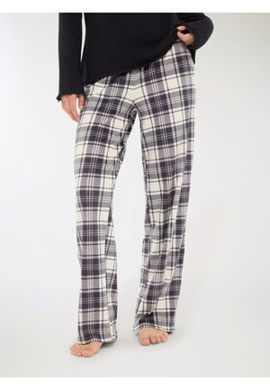 Pantaloni da pigiama a quadri in crema e grigio scuro, con una vestibilità comoda, tessuto morbido e cintura elastica.