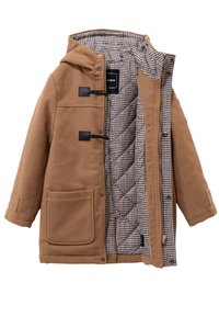 Cappotto in misto lana marrone con cappuccio, caratterizzato da chiusure a toggle nere, fodera a quadretti trapuntata e tasca frontale.
