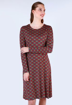 Langärmliges Kleid mit dunklem Hintergrund und bunten Blumenmustern in Rot, Grün und Blau. Runder Ausschnitt und lockere Passform. Weicher Stoffeindruck.