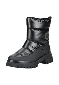 Botín de invierno negro aislante con un exterior de nylon acolchado y brillante, suela de goma gruesa y un acento de logo redondo en el lado.