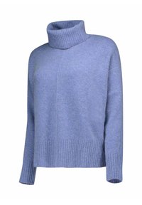 Pull à col roulé bleu clair en tissu tricoté doux, avec des détails côtelés aux poignets et à l'ourlet, coupe décontractée et manches longues.