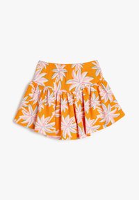 Lys orange nederdel med en samlet design, prydet med et hvidt og rosa palmebladmønster. Struktureret stof med elastisk talje.