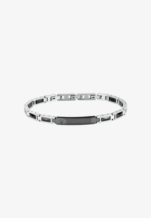 Bracciale in metallo argento con accenti rettangolari neri e una piastra centrale nera incisa con il logo del tridente.