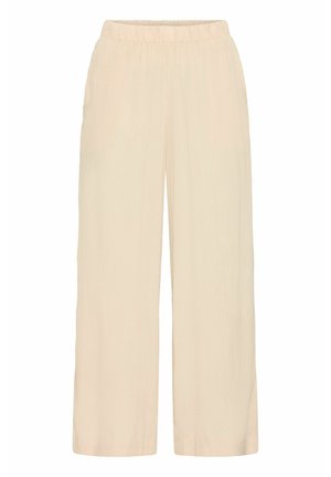 Light beige wide-leg trousers with a textured fabric, elastic waistband, two side pockets, and a loose fit for comfort and ease of movement.