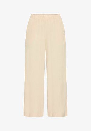 Lys beige vidde bukser med en tekstureret stofkvalitet, elastisk talje, to sidelommer og en løs pasform for komfort og bevægelsesfrihed.