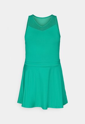 Svetlo zelena brezrokavna obleka z oprijetim zgornjim delom in razširjenim krilom, postavljena na enobarvni beli ozadju.