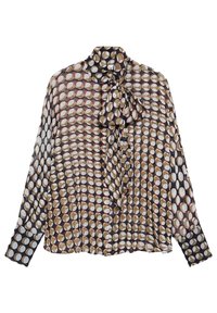 Blusa de manga larga en tejido transparente con un patrón circular en marrón, dorado y blanco. Cuenta con un lazo en el cuello y puños abotonados.