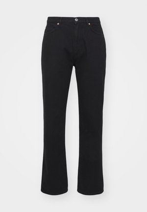 Pantaloni in denim nero con design a gamba dritta, caratterizzati da due tasche frontali, chiusura con bottone e sottili dettagli in rame.