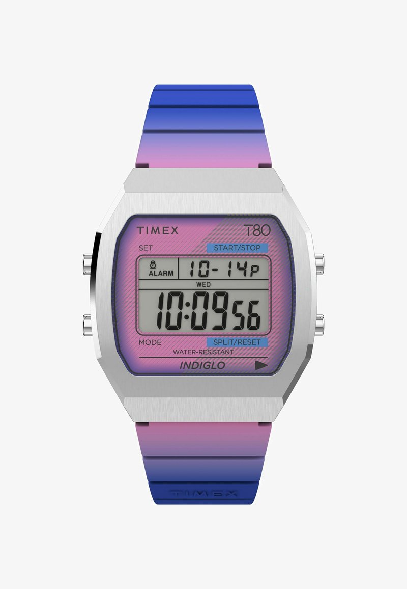 L'orologio digitale Timex T80 presenta una cassa in acciaio inox silver, un quadrante a gradiente rosa e un cinturino in silicone blu-viola. Design resistente all'acqua.