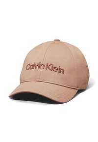 Beige baseball cap made of soft fabric, featuring a curved brim and embroidered "Calvin Klein" logo in matching color on the front.