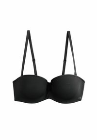 Zwarte strapless bh met voorgevormde cups, gladde stof, verstelbare bandjes en subtiele merklogo aan de zijkant. Lichtgewicht en naadloos ontwerp.