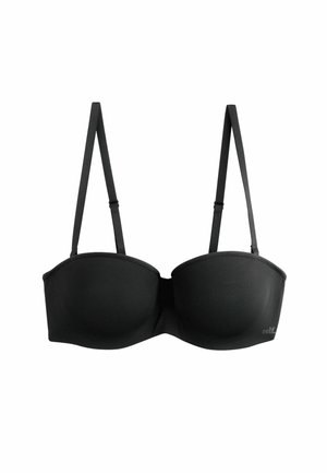 Zwarte strapless bh met voorgevormde cups, gladde stof, verstelbare bandjes en subtiele merklogo aan de zijkant. Lichtgewicht en naadloos ontwerp.