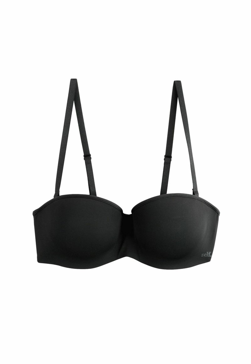 Zwarte strapless bh met voorgevormde cups, gladde stof, verstelbare bandjes en subtiele merklogo aan de zijkant. Lichtgewicht en naadloos ontwerp.