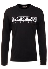 Black long-sleeve t-shirt made of cotton, featuring a prominent white graphic logo "NAPAPIJRI geographic" across the chest.