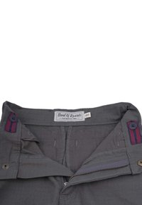 Gray cotton trousers with a zipper fly, button closure, and contrasting red and blue striped accents on the waistband. Brand tag visible.