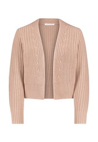 Lichtroze gebreide cardigan met een open voorkant, voorzien van geribbelde manchetten en onderrand, en een gestructureerd patroon. Geschikt voor het dragen in lagen.