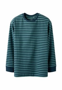 Langärmliges geripptes Shirt mit horizontalen Streifen in Dunkel- und Hellgrün sowie einem einfarbigen dunkelgrünen Ausschnitt und Bündchen, flach ausgelegt.