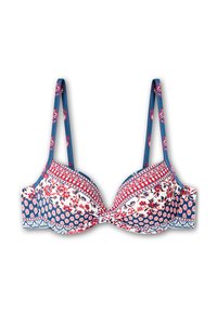Reggiseno con stecche, caratterizzato da un vivace motivo floreale e paisley. Presenta leggera imbottitura, spalline blu regolabili e una superficie di tessuto liscia.