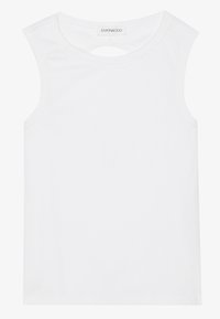 Hvit ermeless tanktopp, laget av ribbet stoff, med en rund utskjæring på baksiden, og en klassisk rund hals.