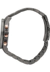 Herre stainless steel ur med sort finish, der har en tekstureret sort bezel, roseguldsdetaljer og et leddesign i armbånd.