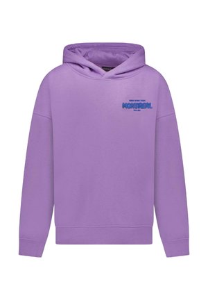 Lila hoodie gemaakt van een katoenmix. Voorzien van een grafische print aan de voorkant met de tekst "MONTREAL" in het blauw. Losse pasvorm met geribde mouwen en zoom.