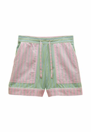 Shorts décontractés rayés verts et roses avec taille à cordon, poches latérales et revers aux ourlets.