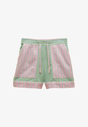 Pantaloni scurți casual cu dungi verzi și roz, cu talie cu șnur, buzunare laterale și tivuri întoarse.
