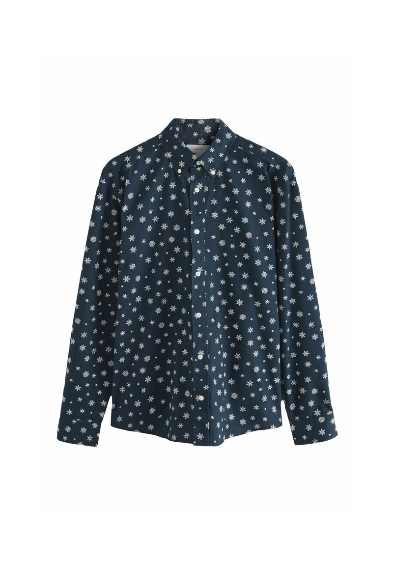 Camicia blu navy con bottoni e motivo a stelle bianche, realizzata in cotone, con maniche lunghe, colletto a punta e chiusura con bottoni frontali.