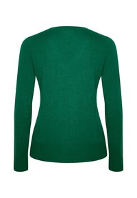 Groene, langharige trui met een ronde halslijn, gemaakt van een zachte gebreide stof. Heeft een aansluitende vorm en geribbelde zoomdetails.