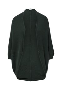 Dunkelgrüner, offener Cardigan aus strukturiertem Strickstoff. Verfügt über weite Ärmel und zwei Fronttaschen, hat einen lässigen Schnitt und keinen Verschluss.