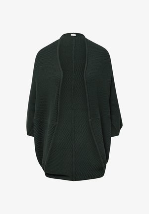 Dark green open-front cardigan made of textured knit fabric. Features wide sleeves and two front pockets, with a relaxed fit and no closure.