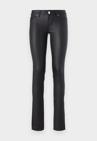 Slim-fit black coated jeans with front pockets, belt loops, and button closure against a plain white background.