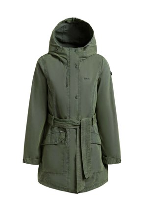 Olivengrøn hætteparka med bælte, trykknaplukning foran, klaplommer og lange ærmer.