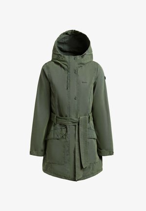 Olivengrøn hætteparka med bælte, trykknaplukning foran, klaplommer og lange ærmer.