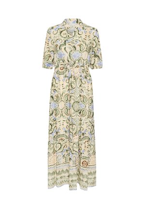 Vestido maxi con estampado floral en tonos crema, verde y azul. Mangas cortas abullonadas, cintura ceñida y dobladillo en capas con acentos decorativos.