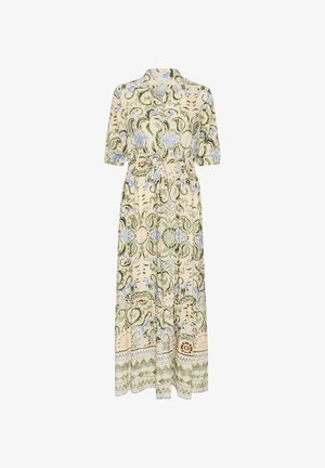 Maxikleid mit floralen Mustern in Creme-, Grün- und Blautönen. Kurze Puffärmel, taillierter Schnitt und gestufter Saum mit dekorativen Akzenten.