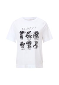 White cotton t-shirt featuring a graphic print with black illustrations of stylized figures for each day of the week, labeled accordingly.