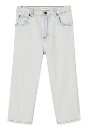 Šviesiai nudažyti tiesių kojų džinsai su penkiomis kišenėmis, užsegimu mygtuku ir matomomis siuvimo detalėmis ant balto fono.