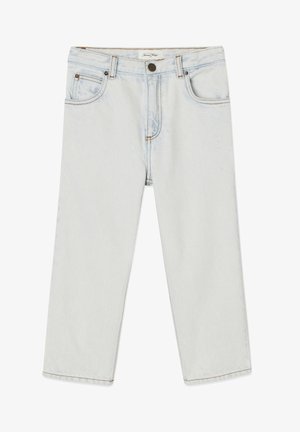 Jean droit délavé clair avec cinq poches, fermeture par bouton et surpiqûres visibles, sur fond blanc.