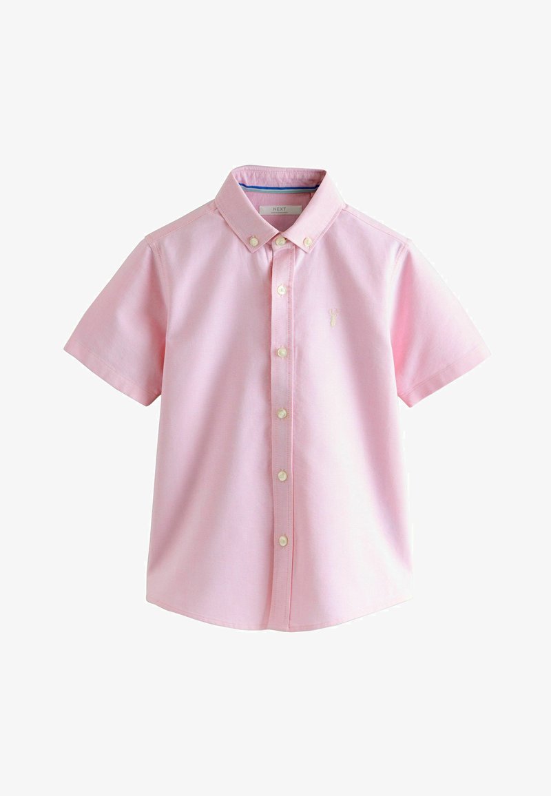 Chemise à manches courtes, rose clair, à boutons, avec un col à boutons et un petit logo brodé sur le côté gauche de la poitrine.