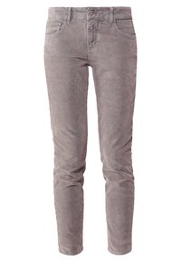 Šedé manšestrové kalhoty s úzkým střihem, pět kapes a zapínání na knoflík. Tkanina má měkký, texturovaný vzhled.