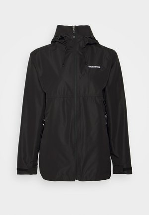 Black waterproof jacket made of smooth material, featuring a zip closure, adjustable hood, and elastic cuffs. Logo on the upper left.