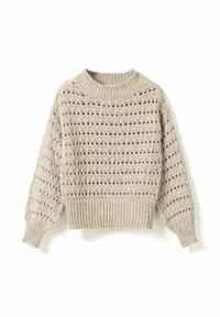 Beežist kootud kampsun lõdva lõikega, millel on õhuliste silmuste tekstuuriga muster, pikad varrukad ning sooniline kaelus ja alumine serv.